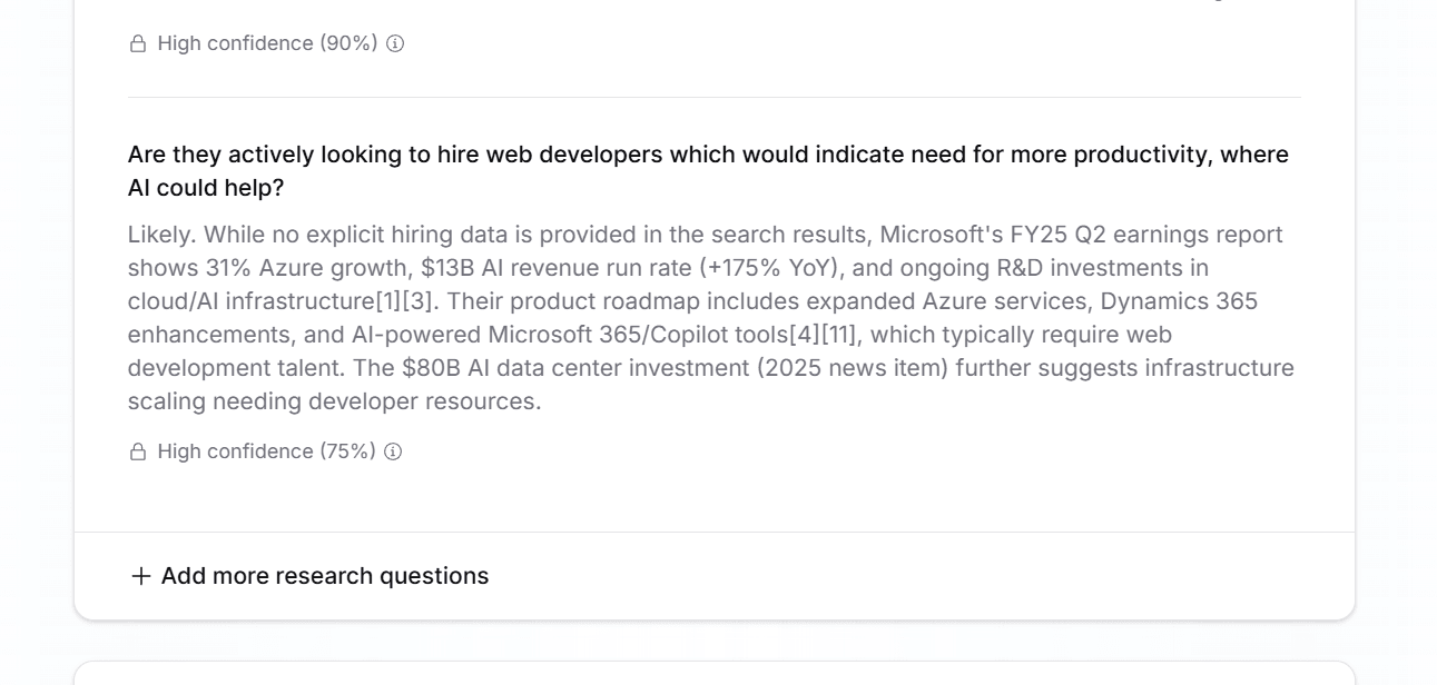 Custom research questions interface showing how to configure AI to answer specific business questions