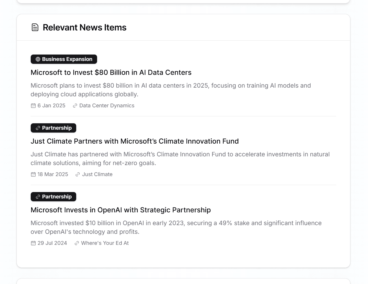 Company news showcase displaying recent press releases and business events