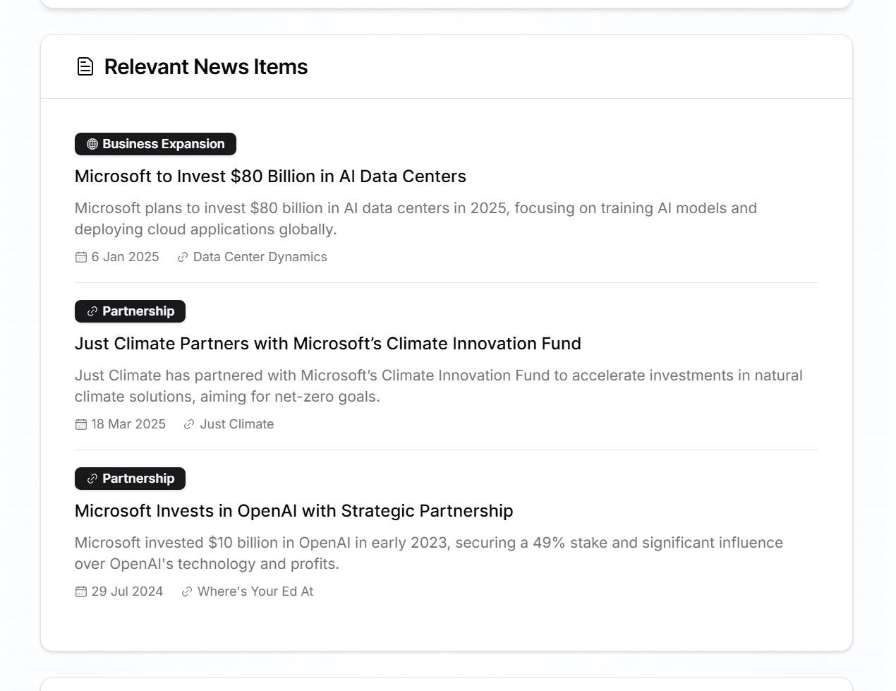 Company news showcase displaying recent press releases and business events